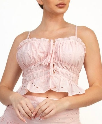Spring spaghetti strap blouse
Lightweight spring top
Eyelet blouse with ties
Feminine spring fashion