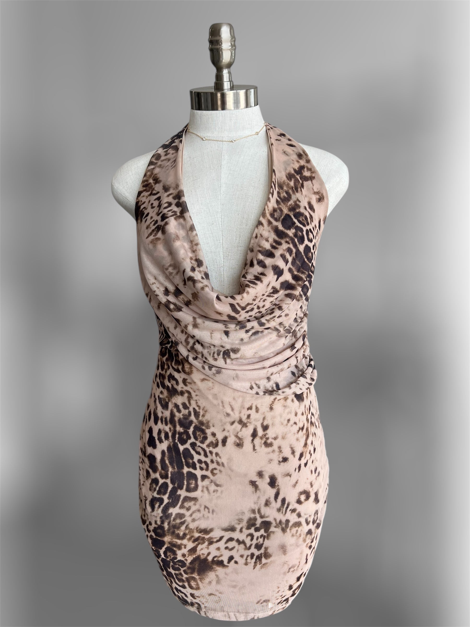 MESH HALTER COWL NECKLINE LEOPARD BACKLESS KNOTTED MINI DRESS STYLISH BOUTIQUE MESH HALTER COWL NECKLINE LEOPARD BACKLESS KNOTTED MINI DRESS STYLISH BOUTIQUE