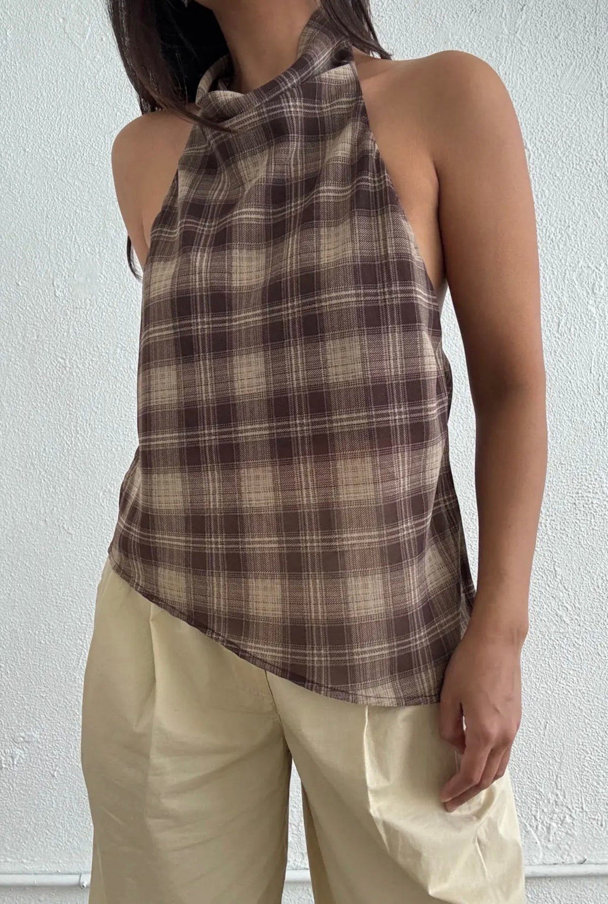 Plaid halter top for women with a flattering fitted silhouette, available at Stylish Boutique in Whittier, CA