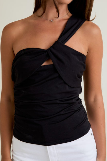 black one shoulder twist top with front cutout fitted women’s top stylish boutique
