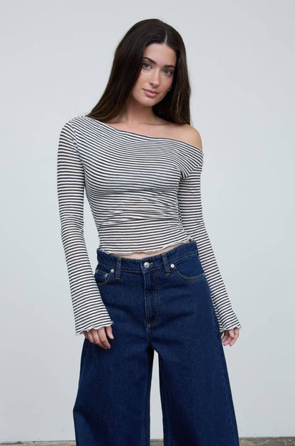 Brown and white striped off shoulder lettuce trim long sleeve top for women
