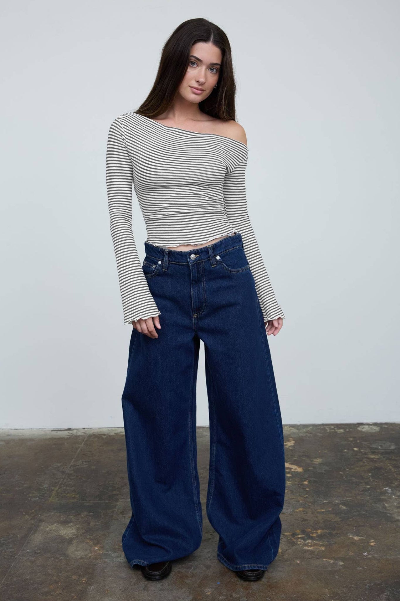 brown and white off shoulder striped top 